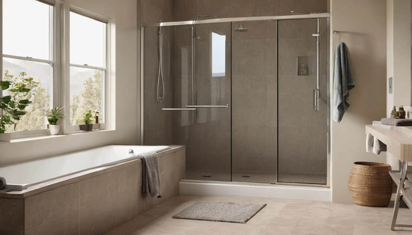 A homeowner walking into a bright, low-threshold walk-in shower with grab bars in a Nissequogue home